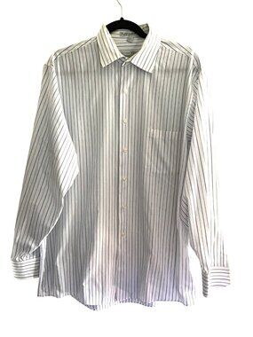 GEOFFREY BEENE-MEN STRIPED WHITE/BLUE LONG SLEEVE BUTTON-DOWN SHIRT SIZE NECK 17
